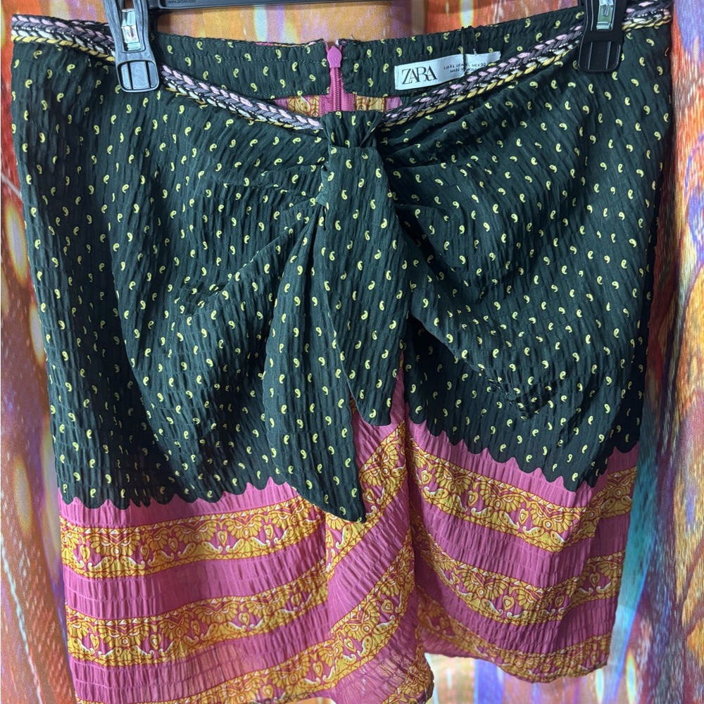 ZARA Black, Pink & Yellow Printed Tie-Front Skirt